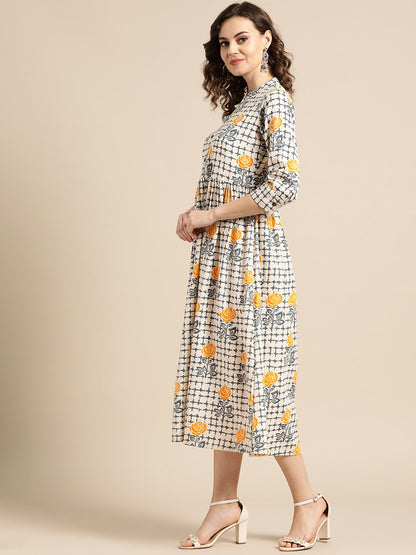 Women Off White Floral Printed Mandarin Collar Cotton A-Line Dress | LASVINI - Redefining Indian Fashion with Elegance