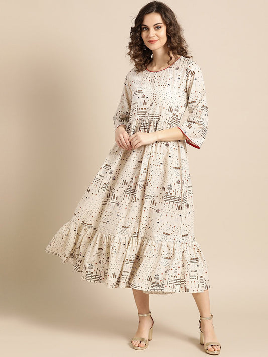 Women White Conversational Printed Round Neck Cotton Fit And Flare Dress | LASVINI - Redefining Indian Fashion with Elegance