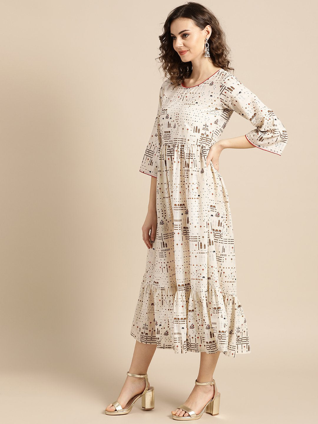 Women White Conversational Printed Round Neck Cotton Fit And Flare Dress | LASVINI - Redefining Indian Fashion with Elegance