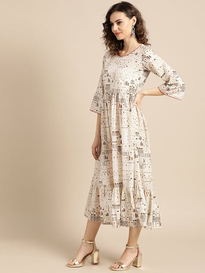 Women White Conversational Printed Round Neck Cotton Fit And Flare Dress | LASVINI - Redefining Indian Fashion with Elegance