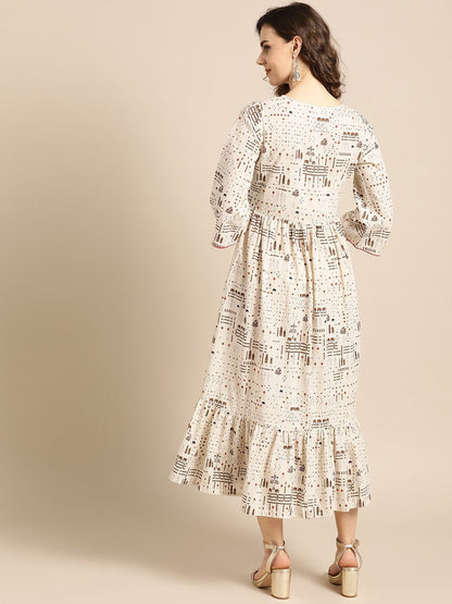 Women White Conversational Printed Round Neck Cotton Fit And Flare Dress | LASVINI - Redefining Indian Fashion with Elegance