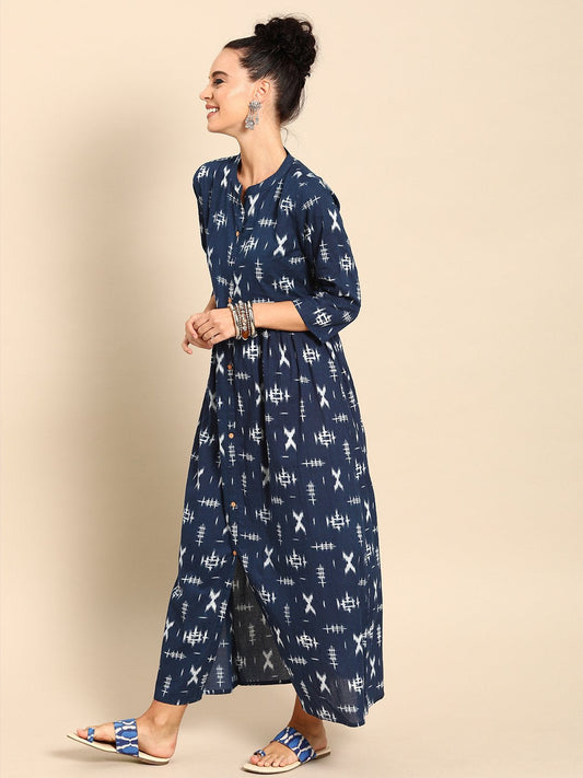 Women Blue Printed A-Line Dress | LASVINI - Redefining Indian Fashion with Elegance