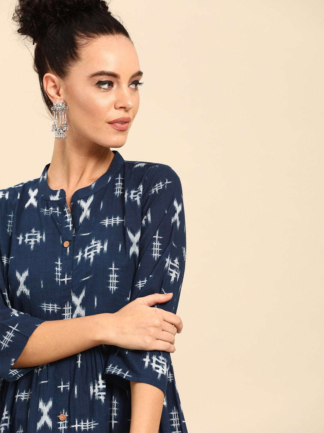 Women Blue Printed A-Line Dress | LASVINI - Redefining Indian Fashion with Elegance