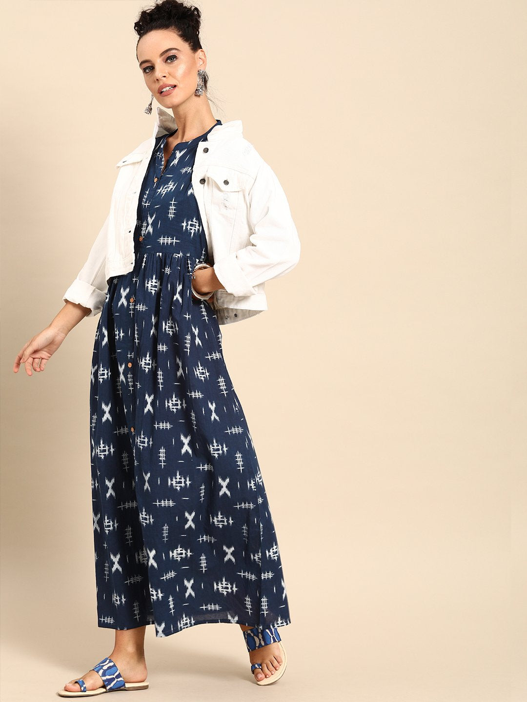 Women Blue Printed A-Line Dress | LASVINI - Redefining Indian Fashion with Elegance