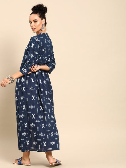 Women Blue Printed A-Line Dress | LASVINI - Redefining Indian Fashion with Elegance