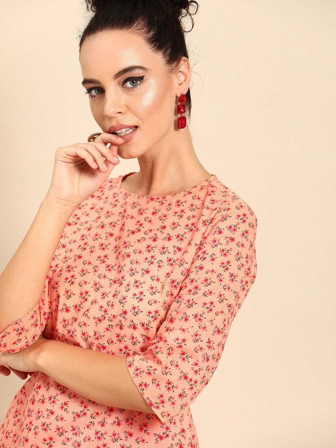 Women Peach Three-Quarter Sleeves Asymmetric Kurta Set | LASVINI - Redefining Indian Fashion with Elegance