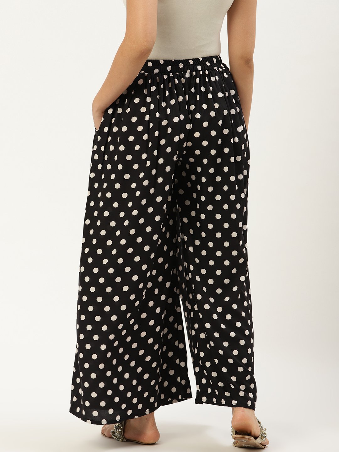 Women Black Polka Dots Printed Crepe Flared Palazzo | LASVINI - Redefining Indian Fashion with Elegance