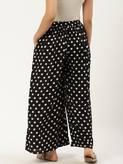 Women Black Polka Dots Printed Crepe Flared Palazzo | LASVINI - Redefining Indian Fashion with Elegance