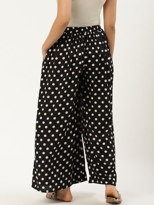 Women Black Polka Dots Printed Crepe Flared Palazzo | LASVINI - Redefining Indian Fashion with Elegance