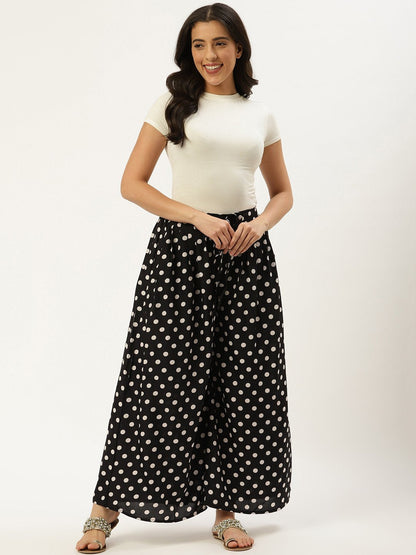 Women Black Polka Dots Printed Crepe Flared Palazzo | LASVINI - Redefining Indian Fashion with Elegance
