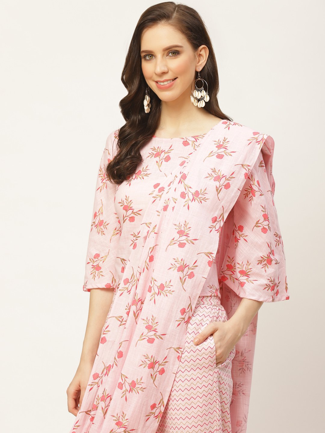 Women Pink Printed Palazzo Saree And Blouse With Tie-Up Detail | LASVINI - Redefining Indian Fashion with Elegance
