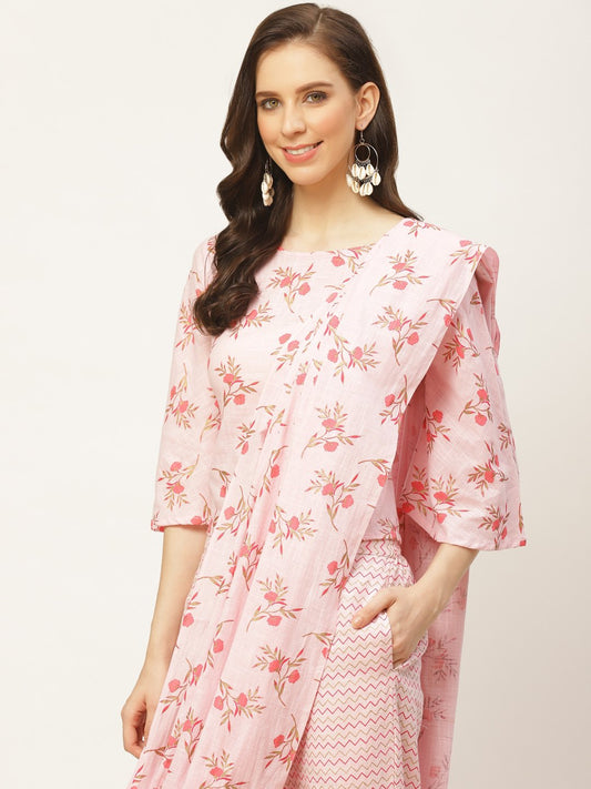 Women Pink Printed Palazzo Saree And Blouse With Tie-Up Detail | LASVINI - Redefining Indian Fashion with Elegance