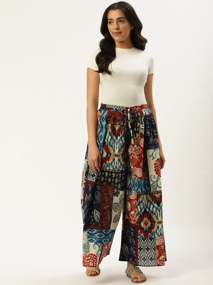Women Multi Abstract Printed Cotton Flared Palazzo | LASVINI - Redefining Indian Fashion with Elegance