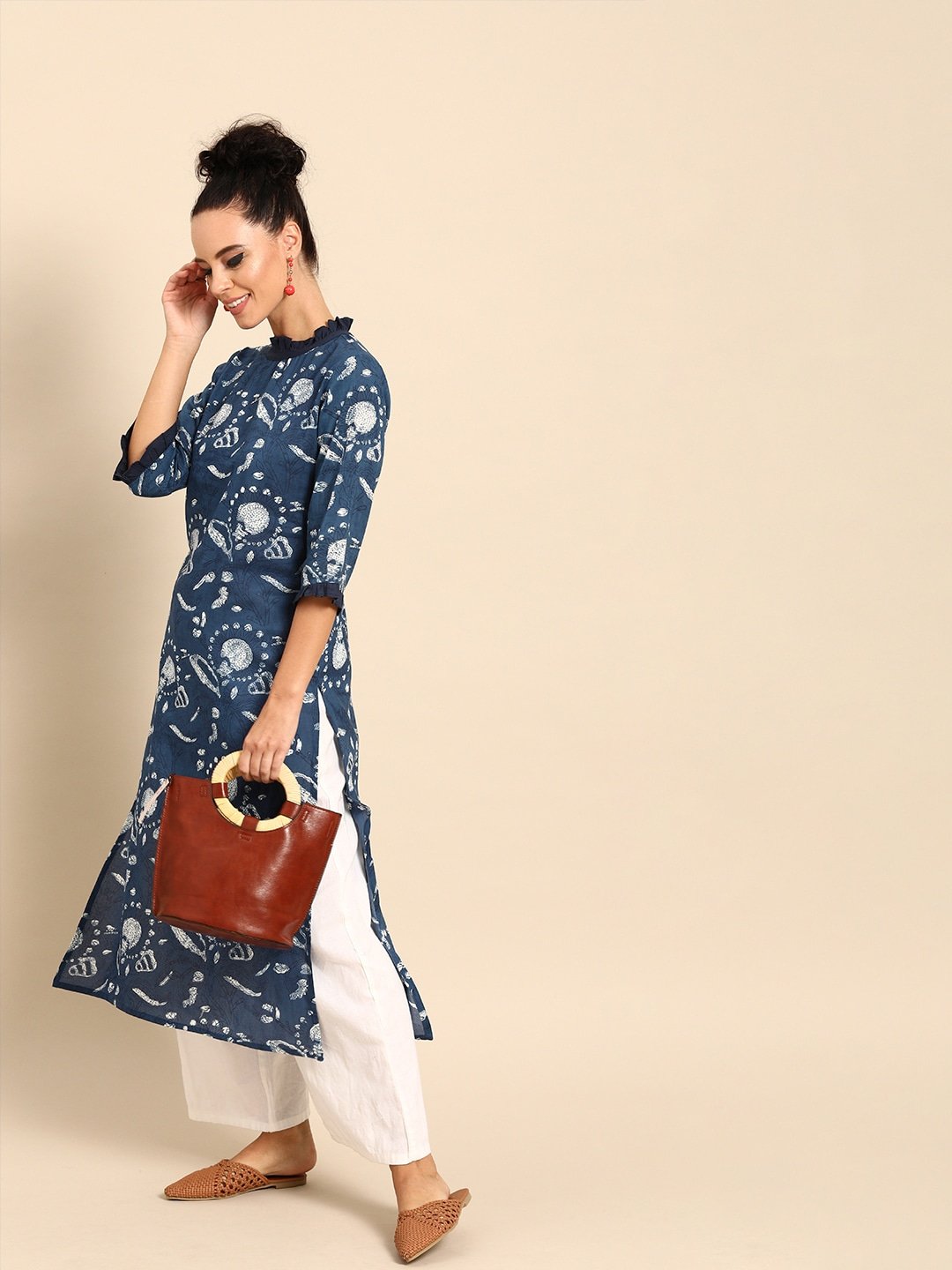 Women Blue Printed Straight Kurta With Three Quarter Sleeves | LASVINI - Redefining Indian Fashion with Elegance