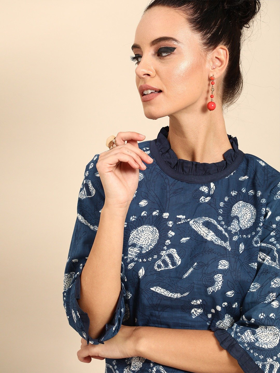 Women Blue Printed Straight Kurta With Three Quarter Sleeves | LASVINI - Redefining Indian Fashion with Elegance