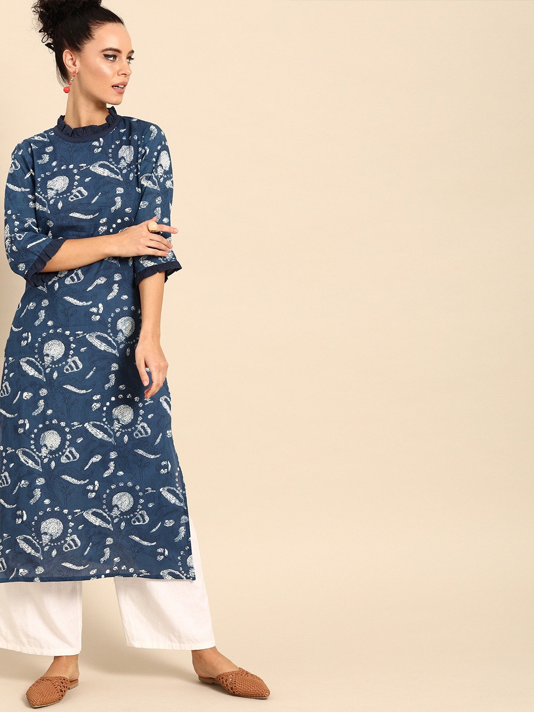 Women Blue Printed Straight Kurta With Three Quarter Sleeves | LASVINI - Redefining Indian Fashion with Elegance