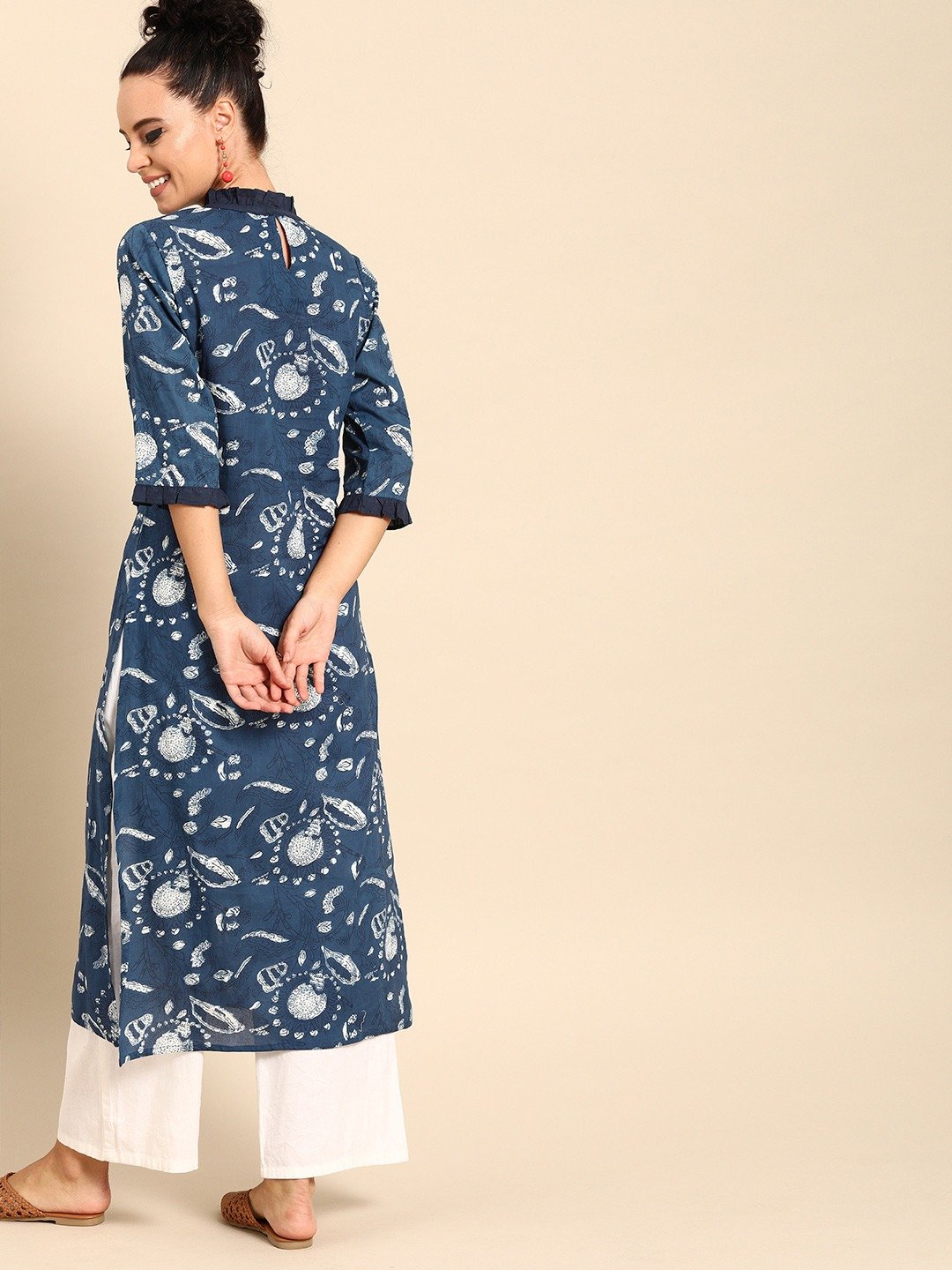 Women Blue Printed Straight Kurta With Three Quarter Sleeves | LASVINI - Redefining Indian Fashion with Elegance