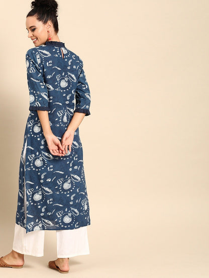 Women Blue Printed Straight Kurta With Three Quarter Sleeves | LASVINI - Redefining Indian Fashion with Elegance