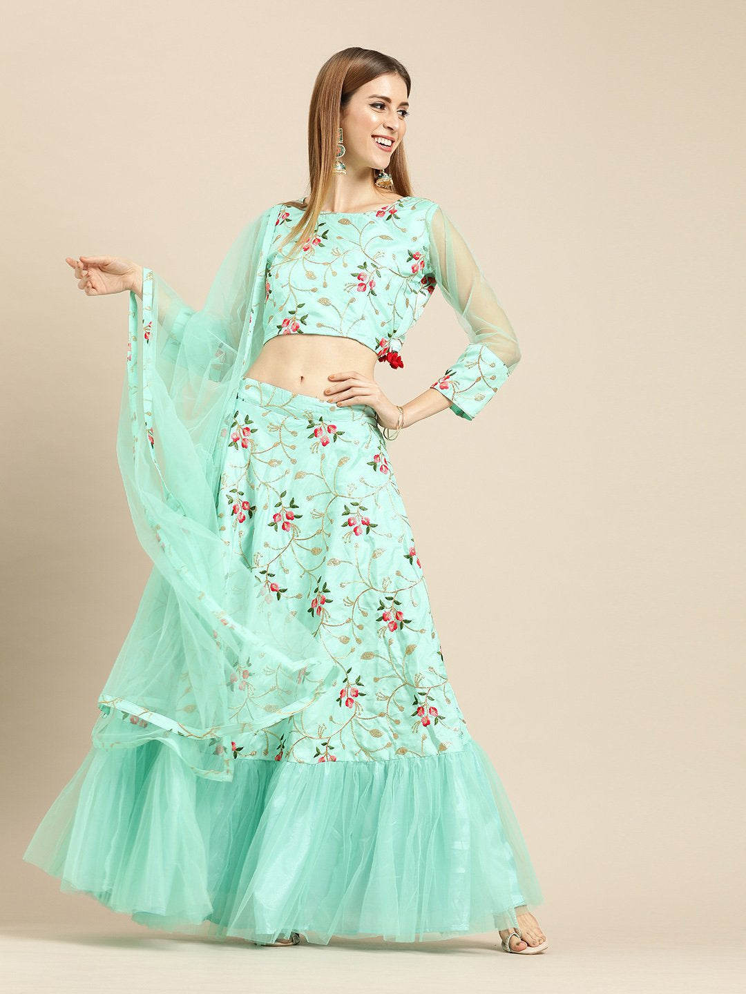 Women Sea Green Silk Blended Lehenga 3/4Th Sleeve Net Choli With Dupatta | LASVINI - Redefining Indian Fashion with Elegance