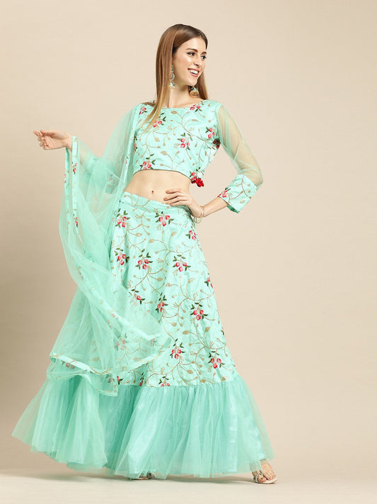 Women Sea Green Silk Blended Lehenga 3/4Th Sleeve Net Choli With Dupatta | LASVINI - Redefining Indian Fashion with Elegance