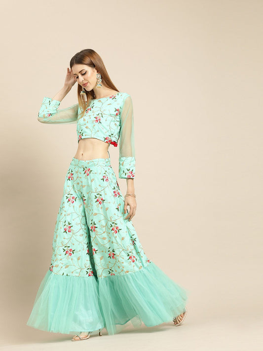 Women Sea Green Silk Blended Lehenga 3/4Th Sleeve Net Choli With Dupatta | LASVINI - Redefining Indian Fashion with Elegance