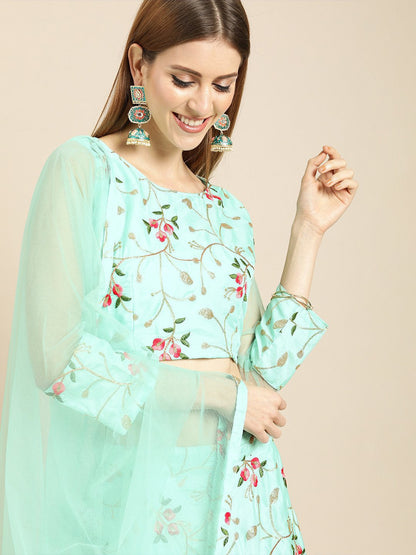 Women Sea Green Silk Blended Lehenga 3/4Th Sleeve Net Choli With Dupatta | LASVINI - Redefining Indian Fashion with Elegance