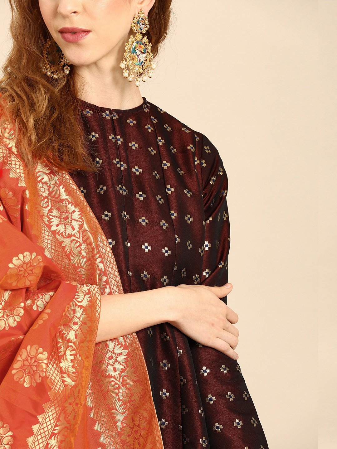 Women Maroon And Orange Full Sleeves Woven Design Brocade A-Line Dress With Dupatta | LASVINI - Redefining Indian Fashion with Elegance
