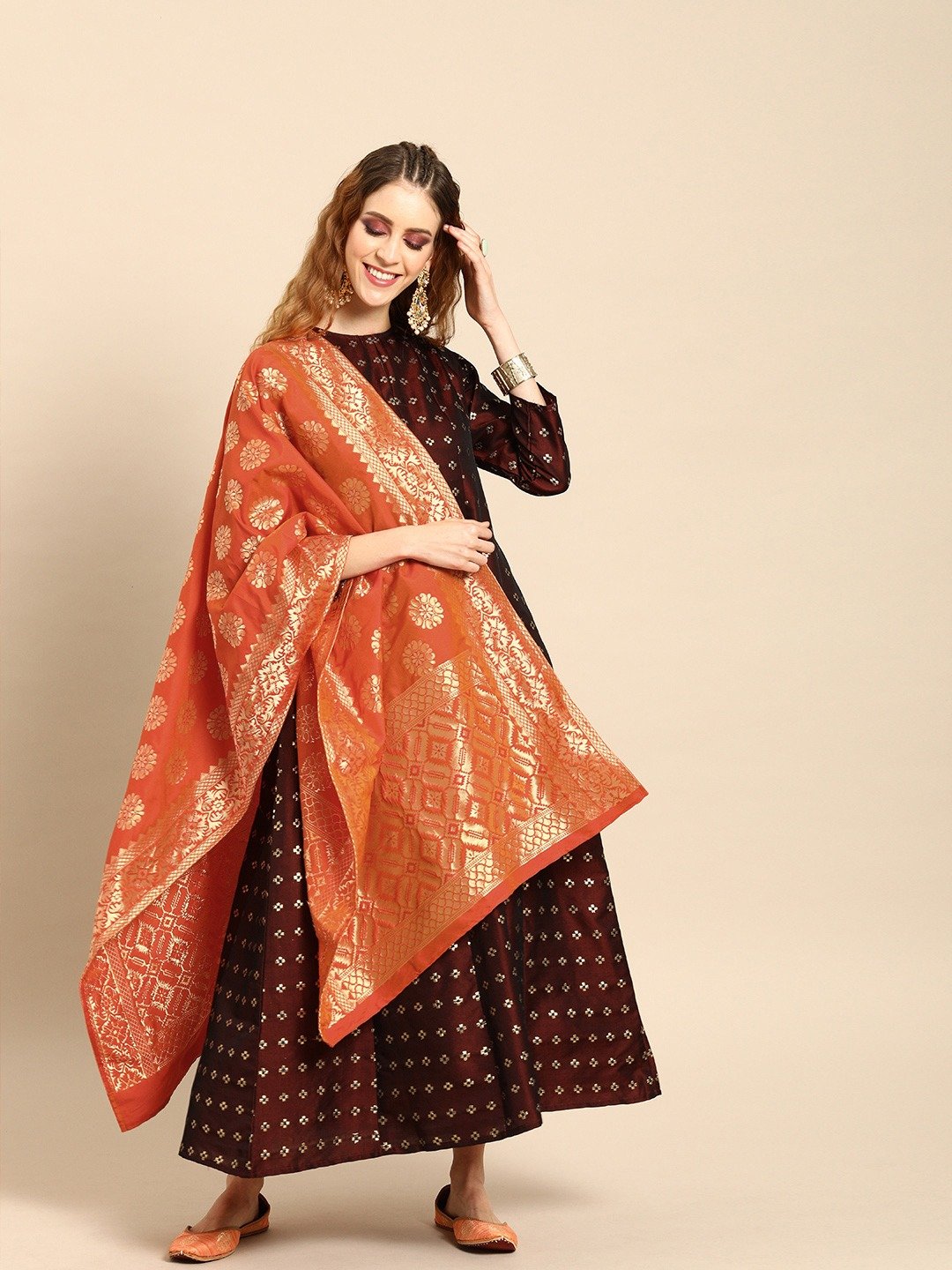 Women Maroon And Orange Full Sleeves Woven Design Brocade A-Line Dress With Dupatta | LASVINI - Redefining Indian Fashion with Elegance