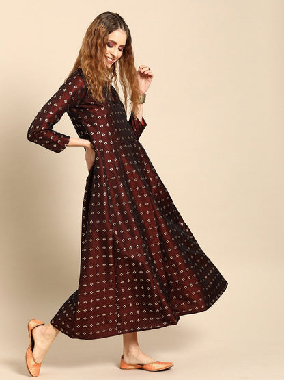 Women Maroon And Orange Full Sleeves Woven Design Brocade A-Line Dress With Dupatta | LASVINI - Redefining Indian Fashion with Elegance