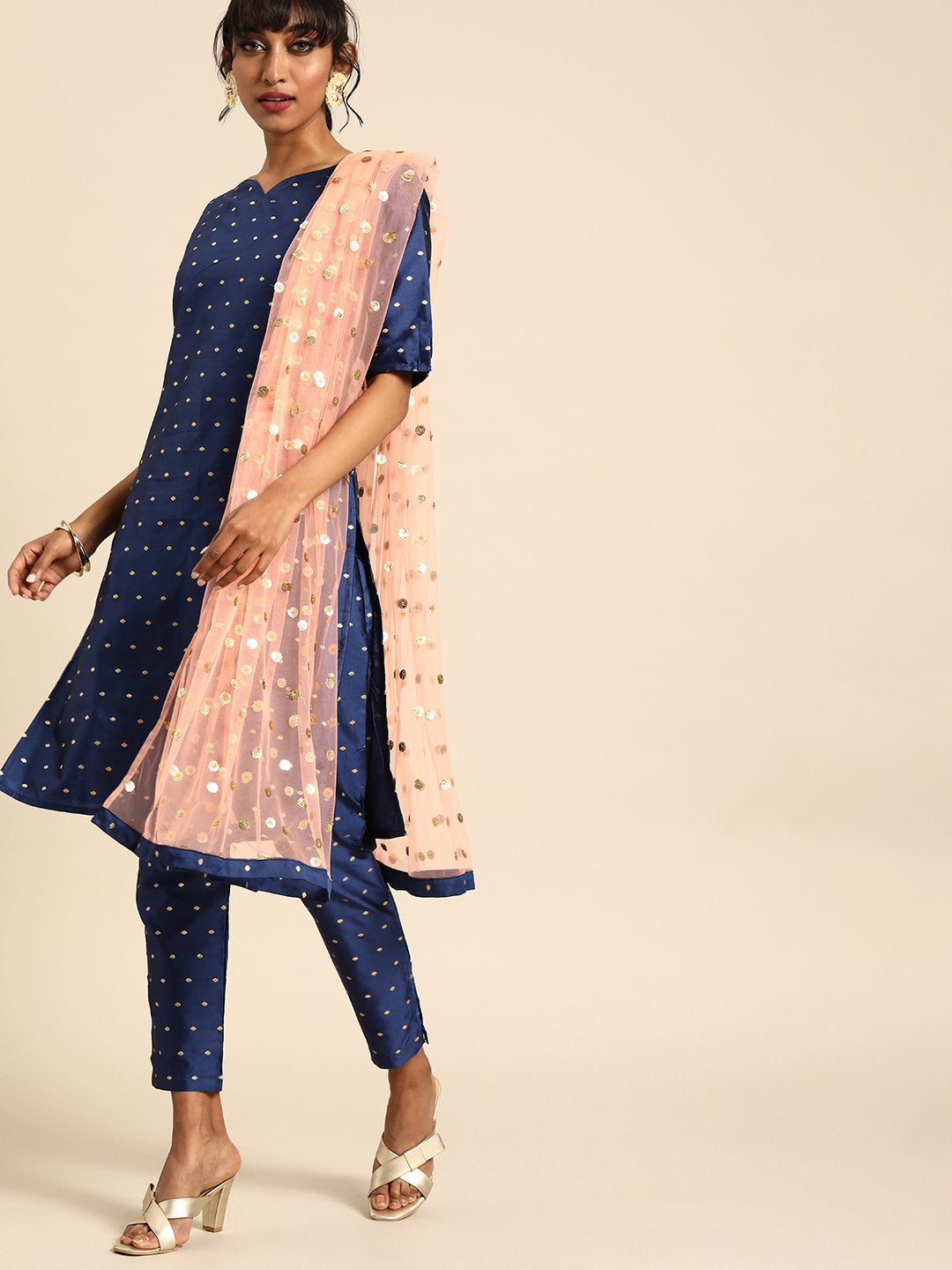 Women Blue Three-Quarter Sleeves Woven Design Straight Silk Blend Brocade Kurta With Trouser And Dupatta | LASVINI - Redefining Indian Fashion with Elegance