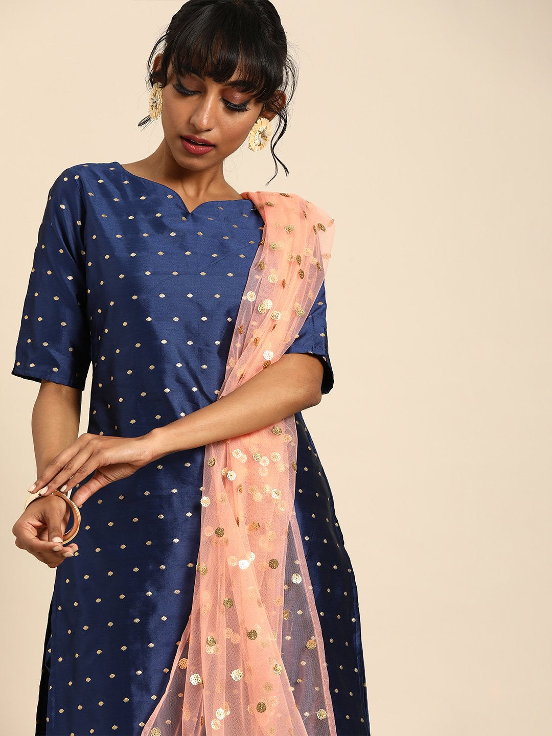 Women Blue Three-Quarter Sleeves Woven Design Straight Silk Blend Brocade Kurta With Trouser And Dupatta | LASVINI - Redefining Indian Fashion with Elegance