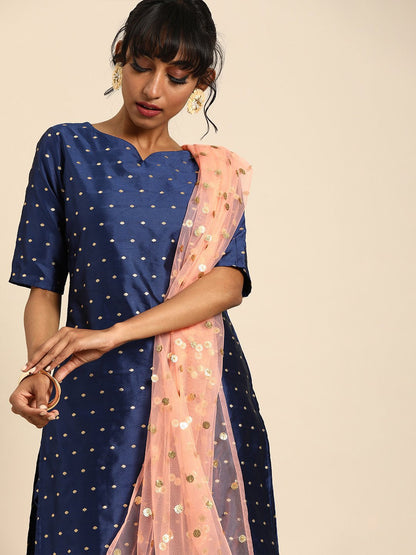 Women Blue Three-Quarter Sleeves Woven Design Straight Silk Blend Brocade Kurta With Trouser And Dupatta | LASVINI - Redefining Indian Fashion with Elegance