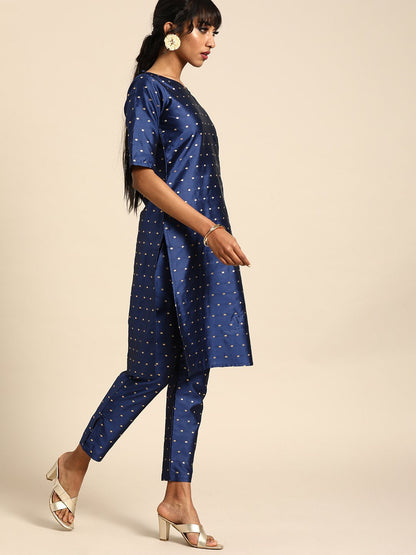 Women Blue Three-Quarter Sleeves Woven Design Straight Silk Blend Brocade Kurta With Trouser And Dupatta | LASVINI - Redefining Indian Fashion with Elegance