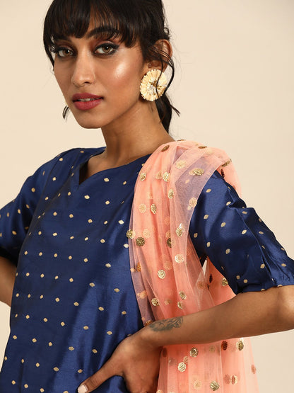 Women Blue Three-Quarter Sleeves Woven Design Straight Silk Blend Brocade Kurta With Trouser And Dupatta | LASVINI - Redefining Indian Fashion with Elegance