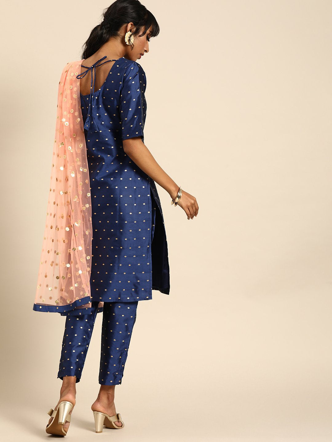 Women Blue Three-Quarter Sleeves Woven Design Straight Silk Blend Brocade Kurta With Trouser And Dupatta | LASVINI - Redefining Indian Fashion with Elegance