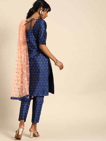 Women Blue Three-Quarter Sleeves Woven Design Straight Silk Blend Brocade Kurta With Trouser And Dupatta | LASVINI - Redefining Indian Fashion with Elegance