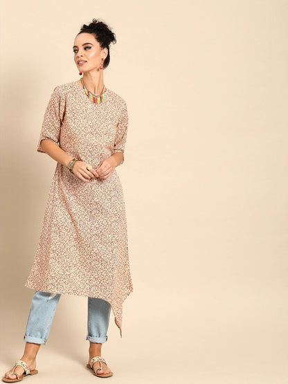 Women Beige Calf Length Three-Quarter Sleeves A-Line Floral Printed Cotton Kurta | LASVINI - Redefining Indian Fashion with Elegance