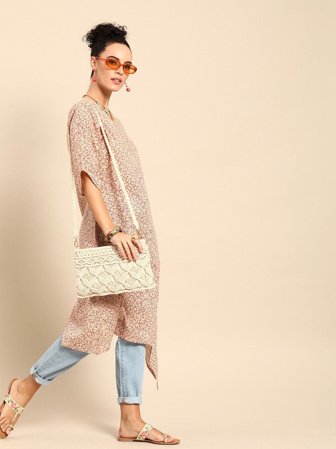 Women Beige Calf Length Three-Quarter Sleeves A-Line Floral Printed Cotton Kurta | LASVINI - Redefining Indian Fashion with Elegance