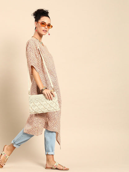 Women Beige Calf Length Three-Quarter Sleeves A-Line Floral Printed Cotton Kurta | LASVINI - Redefining Indian Fashion with Elegance