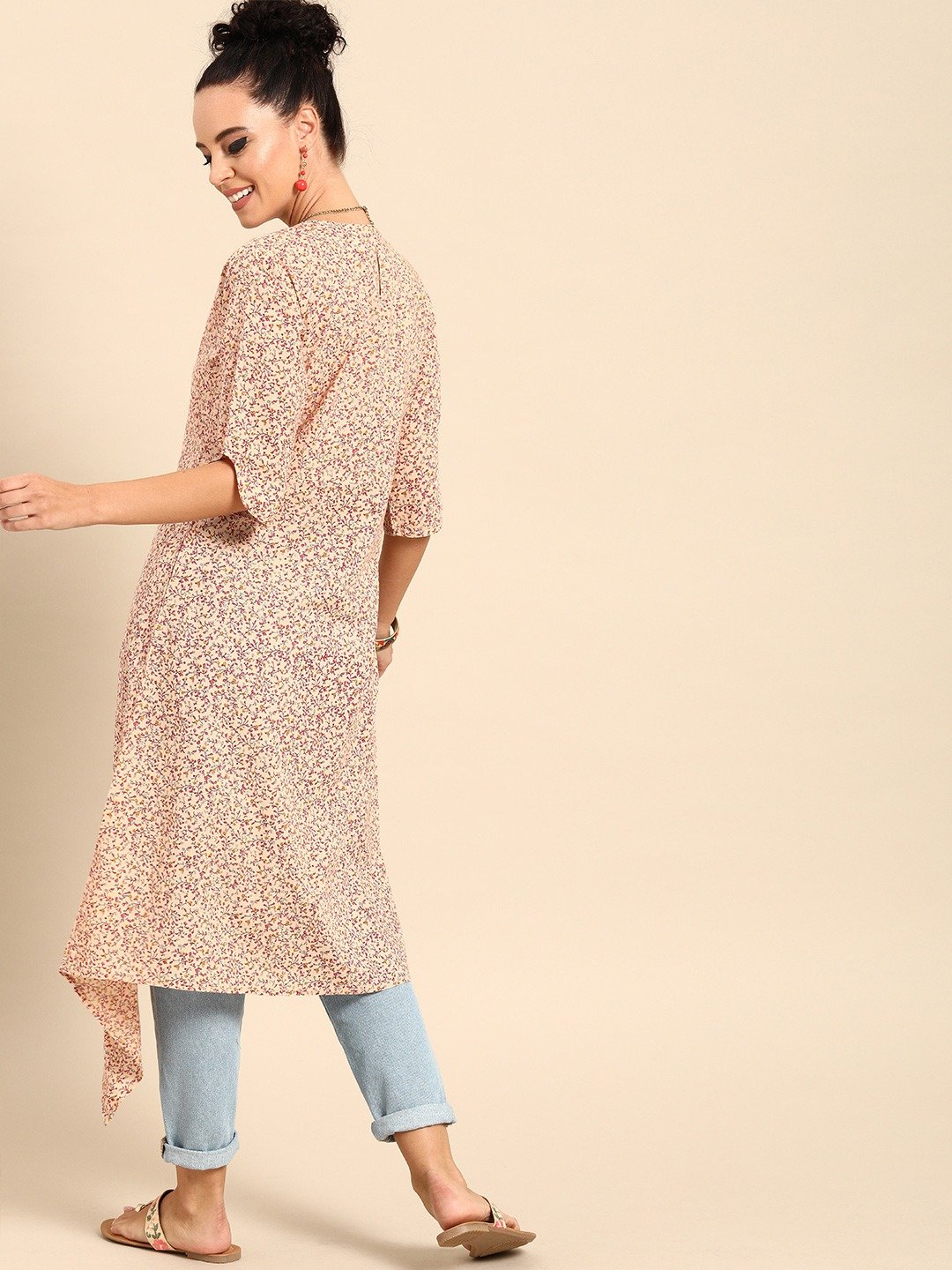 Women Beige Calf Length Three-Quarter Sleeves A-Line Floral Printed Cotton Kurta | LASVINI - Redefining Indian Fashion with Elegance