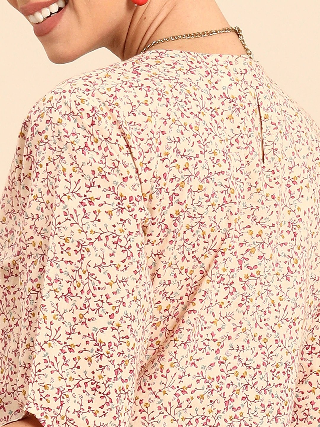 Women Beige Calf Length Three-Quarter Sleeves A-Line Floral Printed Cotton Kurta | LASVINI - Redefining Indian Fashion with Elegance