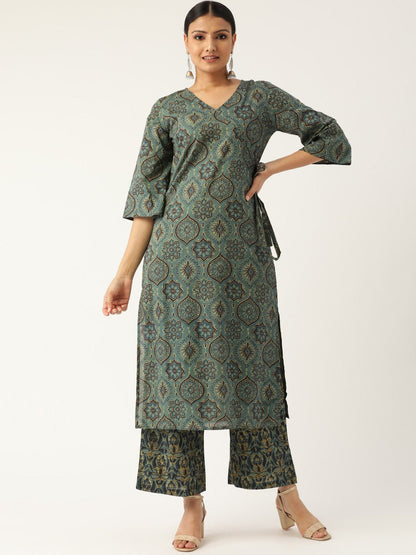 Women Sage Green Three-Quarter Sleeves Printed Straight Pure Cotton Kurta With Palazzo | LASVINI - Redefining Indian Fashion with Elegance