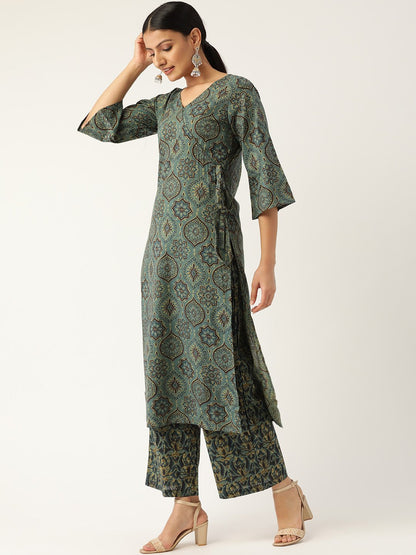Women Sage Green Three-Quarter Sleeves Printed Straight Pure Cotton Kurta With Palazzo | LASVINI - Redefining Indian Fashion with Elegance