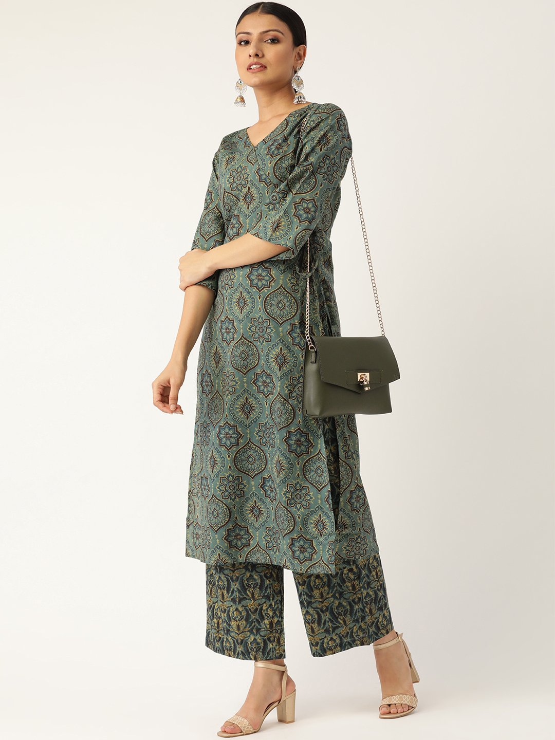 Women Sage Green Three-Quarter Sleeves Printed Straight Pure Cotton Kurta With Palazzo | LASVINI - Redefining Indian Fashion with Elegance