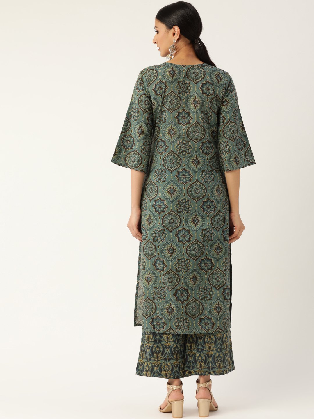 Women Sage Green Three-Quarter Sleeves Printed Straight Pure Cotton Kurta With Palazzo | LASVINI - Redefining Indian Fashion with Elegance