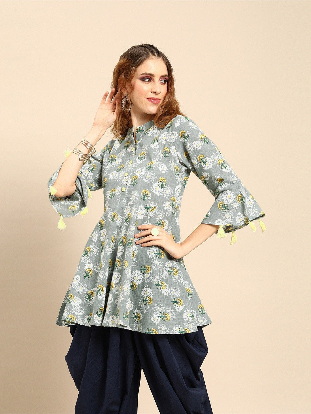 Women Grey  Printed Flared Floral Knitted Pure Cotton Kurti | LASVINI - Redefining Indian Fashion with Elegance