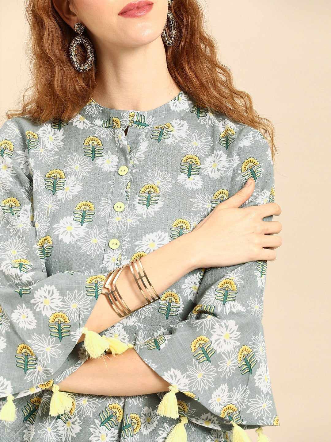 Women Grey  Printed Flared Floral Knitted Pure Cotton Kurti | LASVINI - Redefining Indian Fashion with Elegance