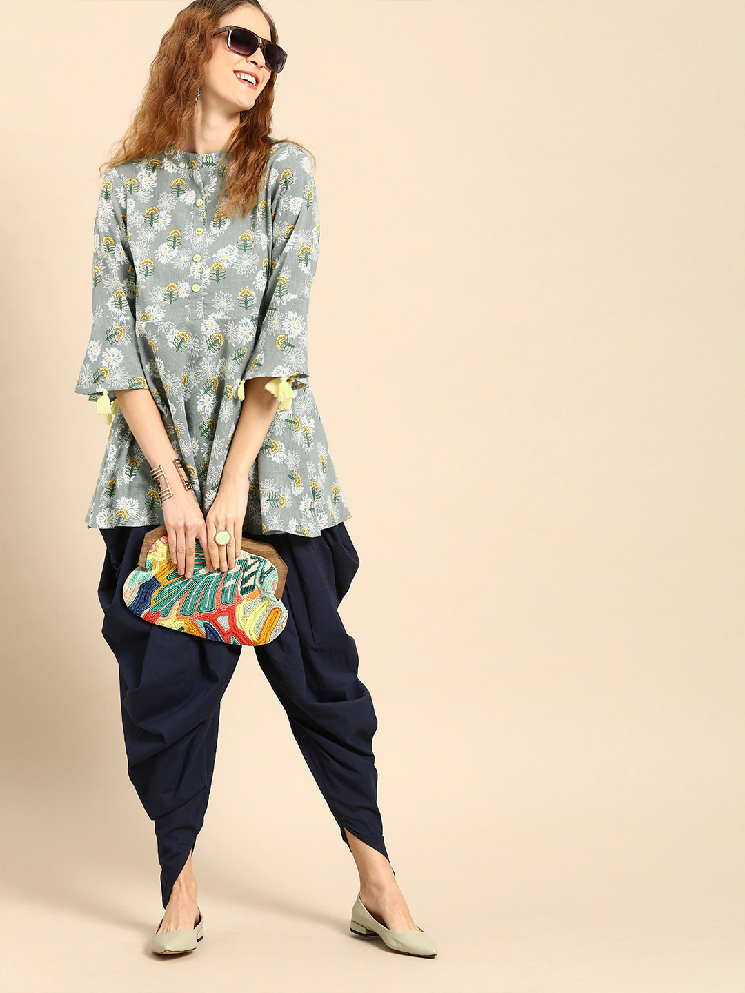 Women Grey  Printed Flared Floral Knitted Pure Cotton Kurti | LASVINI - Redefining Indian Fashion with Elegance