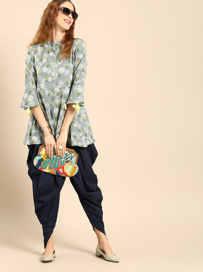 Women Grey  Printed Flared Floral Knitted Pure Cotton Kurti | LASVINI - Redefining Indian Fashion with Elegance