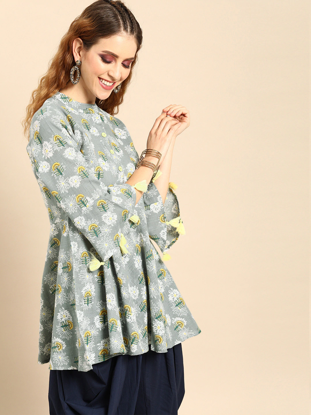 Women Grey  Printed Flared Floral Knitted Pure Cotton Kurti | LASVINI - Redefining Indian Fashion with Elegance